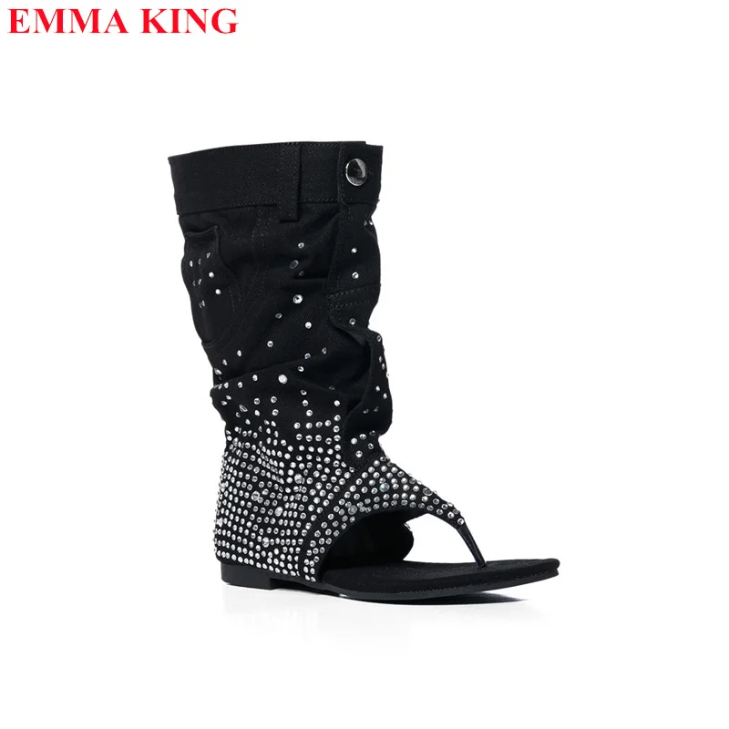 2023 Summer Denim Crystal Sandals Boots Fashion Rhinestone Split Toe Ankle Boots For Women New Designer Flat Short Booties Women