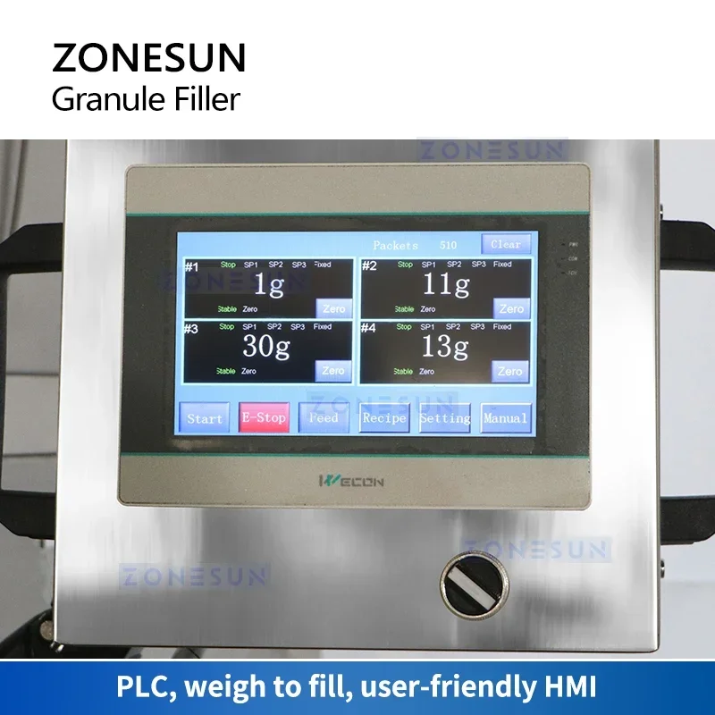 Zonesun pesador automático de enchimento de grânulos, 4 cabeças, nozes, feijão, sementes de grãos, garrafas de partículas, máquina de enchimento de pesagem ZS-GW4