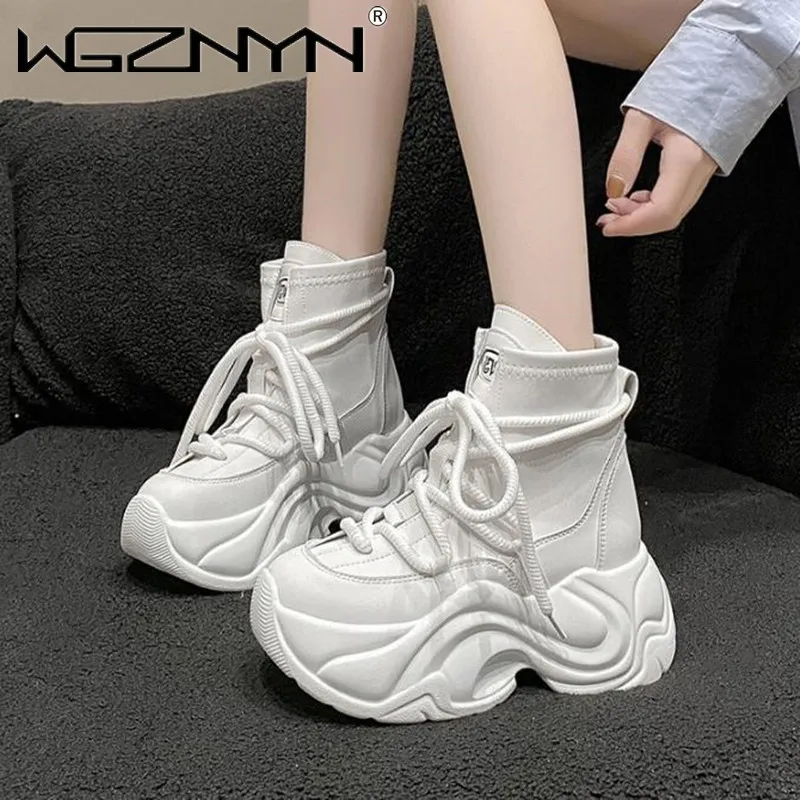 

High Top Women's Sneakers Thick-soled Ins Trend Autumn Winter Round Head Casual Sports Shoes 8cm Platform Lace-up Female Boots