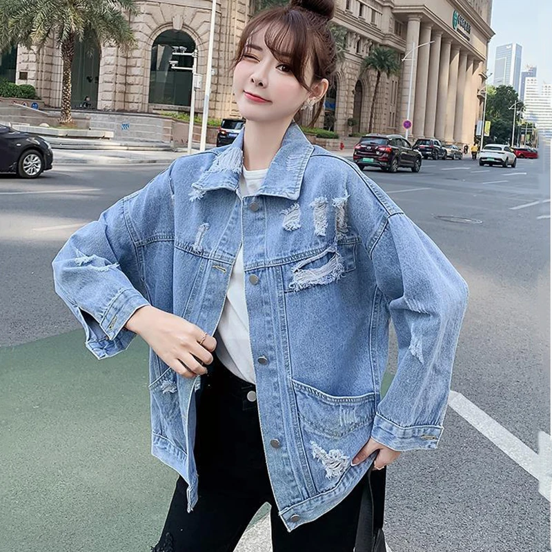 

Hot Drilling Jeans Jackets Women's Overcoat Spring Autumn 2023 New Korean Hole Loose BF Joker Denim Jacket Outwear Tops