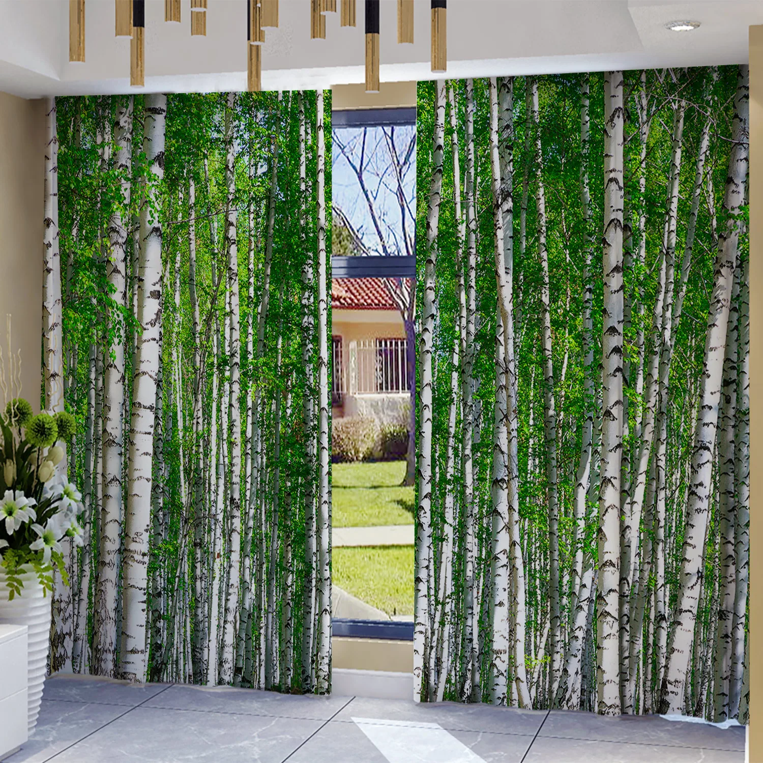 2PC Home Birch forest Curtains With Landscape Background And Pole Pocket Curtains, Kitchen, Coffee Shop, Living Room
