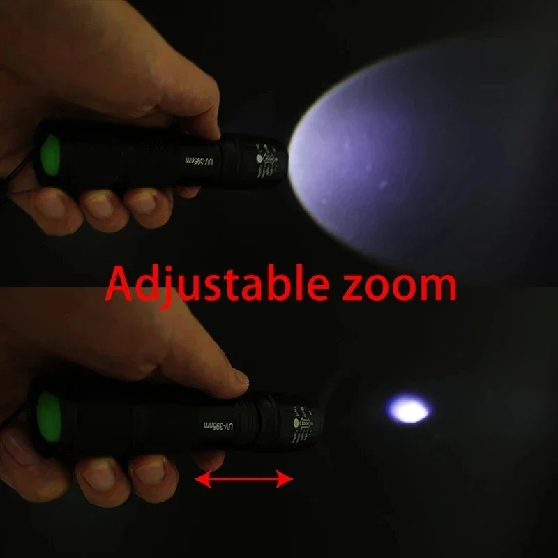 Purple White Dual Light Flashlight LED Ultraviolet Torch Zoom Retractable Flashlight Lamp Fluorescent Agent Detection Flashlight