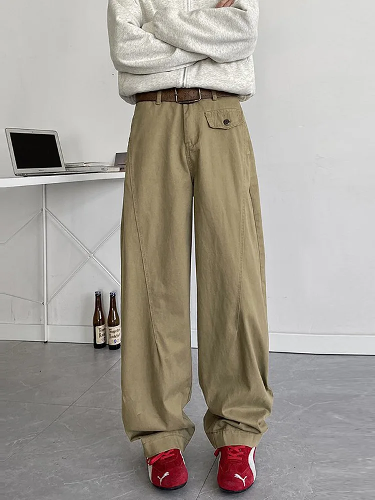 

American Retro Khaki Curved Blade Pants Loose Casual Drapey Long Trousers Men's Workwear Straight Leg Polyester Fiber Youthful