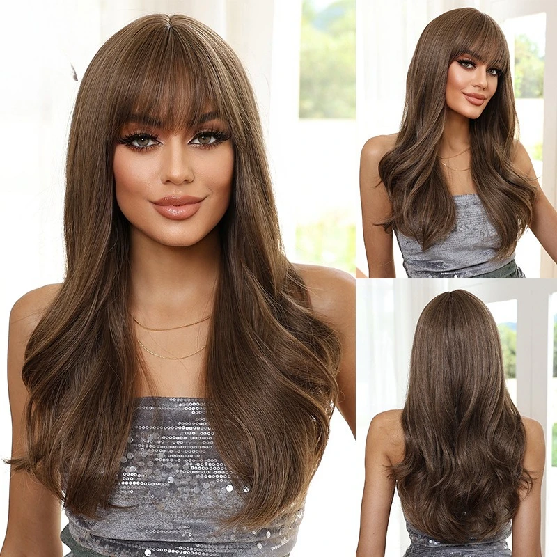 

Wig full head cover tan long curly hair Qi bangs wig natural fluffy female wigs