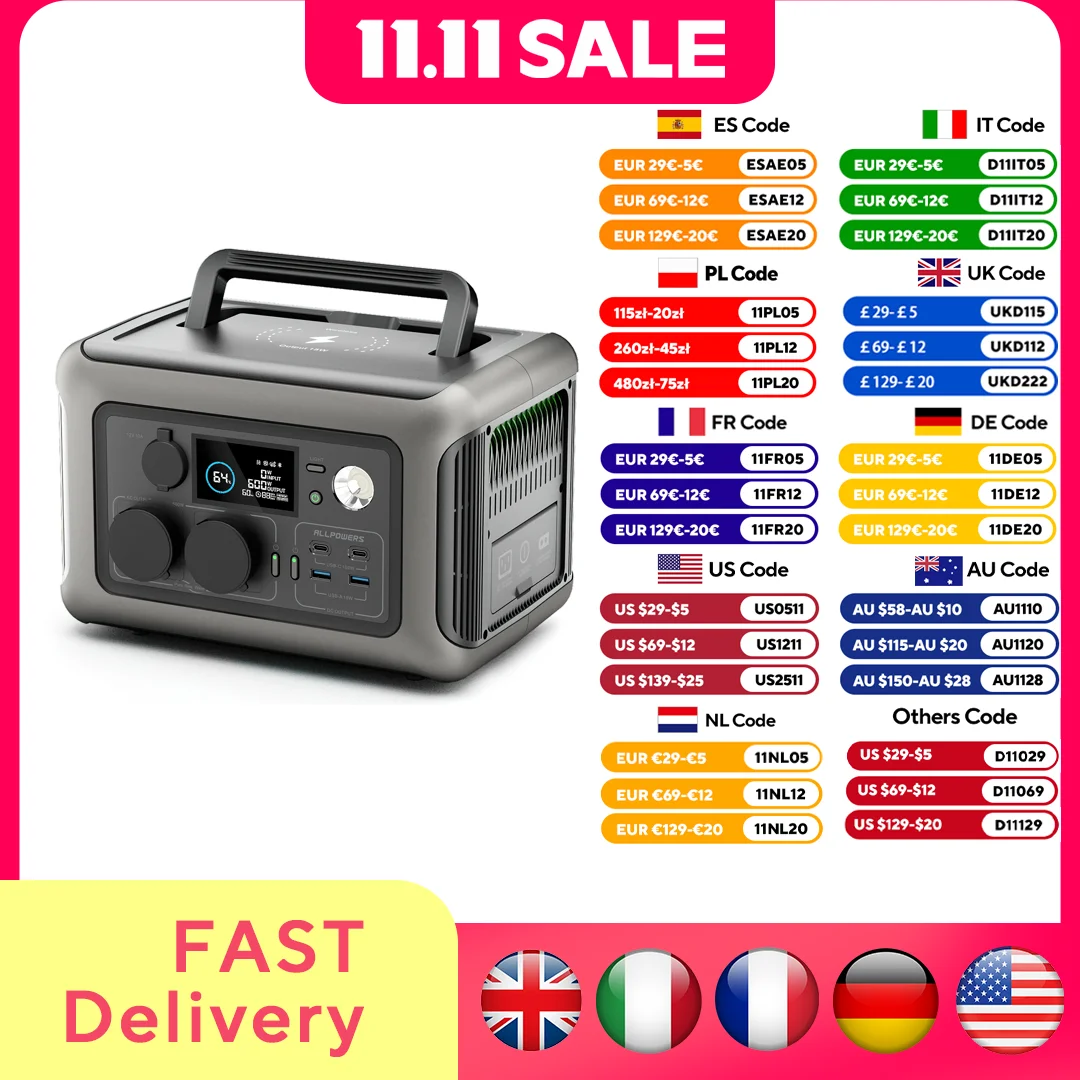 

ALLPOWERS Portable Power Station R600, 299Wh LiFeP04 Battery with 2x 600W (1200W Surge) AC Outlets for Outdoor Camping RV Home