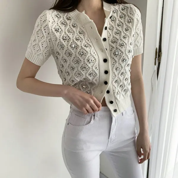 

Solowen Blingbling Diamond Beautiful ort Sve Knitted Open Cardigan Slim Fit Geometric Pattern Superbly Haome Women's ...