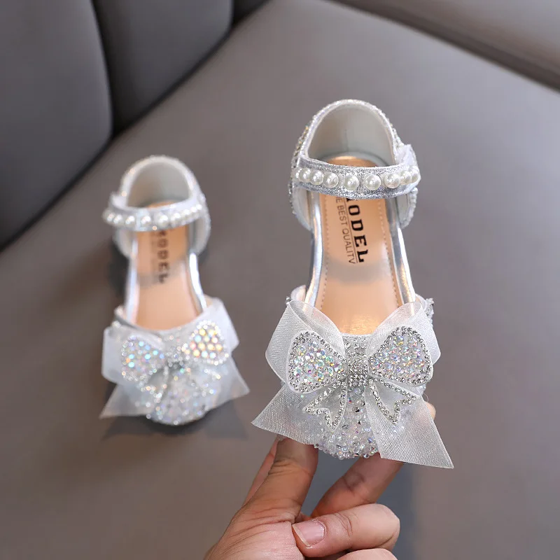 Children's Sequin Lace Bow Sandals Toddlers Glitter Rhinestone Princess Dance Sandals Kids Soft Bottom Party Hollow Out Shoes