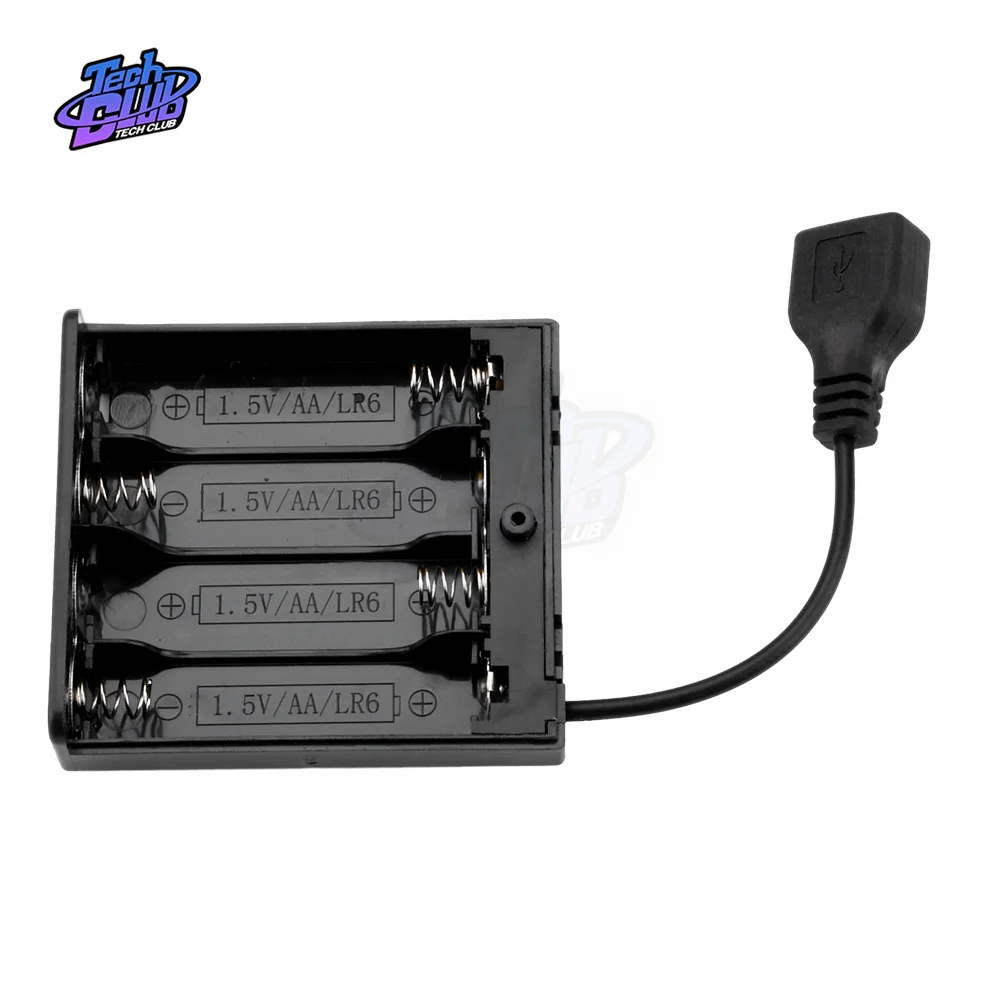 AA Battery Holder Black 3x /4x1.5V 4 Slots AA Battery Box with Cover ON/Off Switch and USB Female Socket Battery Holder