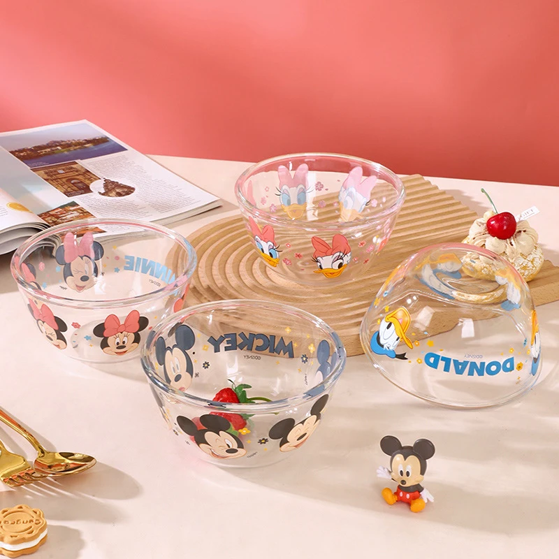 MINISO Disney Mickey Glass Bowl High Temperature Kawaii Minnie Noodle Bowl Cartoon Donald Duck Salad Cutlery For Children