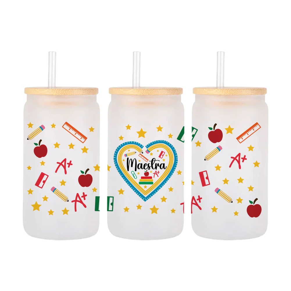 11x24cm Teacher School Student For Libbey 16oz Can Glass 3D Waterproof UV DTF Coffee Can Wrap Libbey Glass Wrap