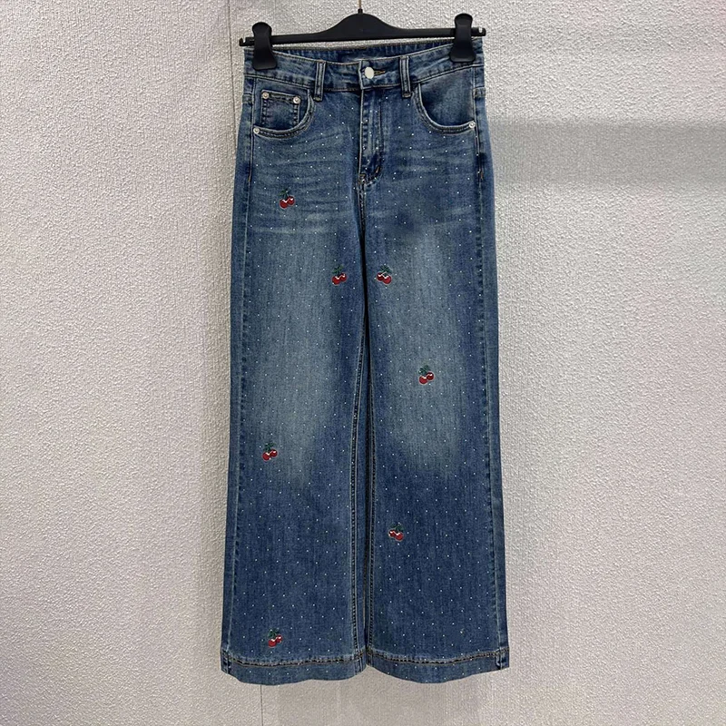 

High-quality glittering diamond embroidery pattern women's wide-leg jeans Collage cowhide Popular pants 25101336