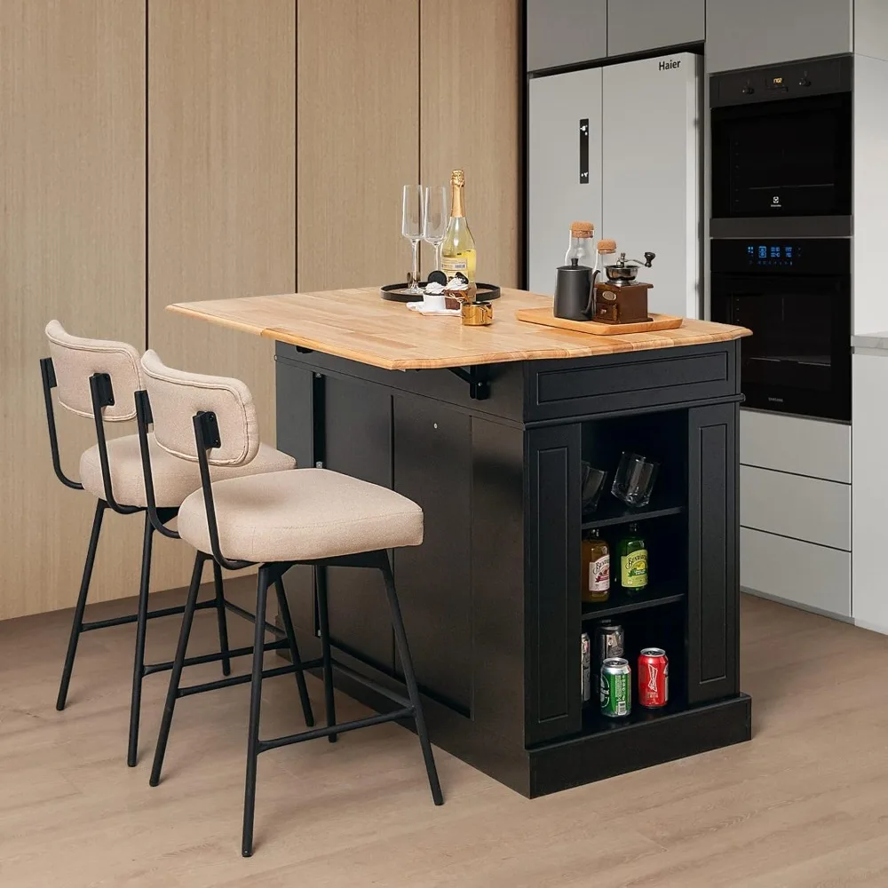 Kitchen Storage Cabinet with Rubber Wood Top, 2 Drawers, 5 Adjustable Shelves & Spice Racks, Island Table for Kitchen