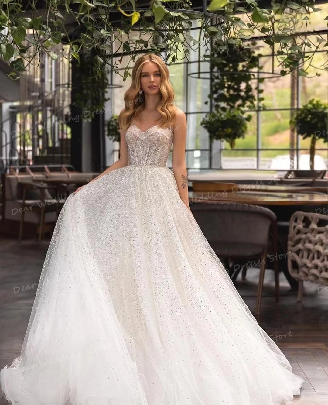 

Luxurious Elegant Glitter Wedding Dresses Formal A Line Women's Sexy Sequined Sweetheart Princess Bridal Gowns Tulle Sweep Train