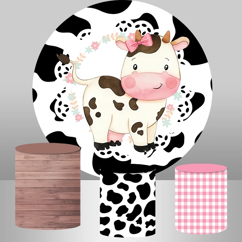 Cow Print Farm Birthday Party Photography Background Decor Baby Shower Kid Photo Studio Wood Plinth Cover Circle Round Backdrop