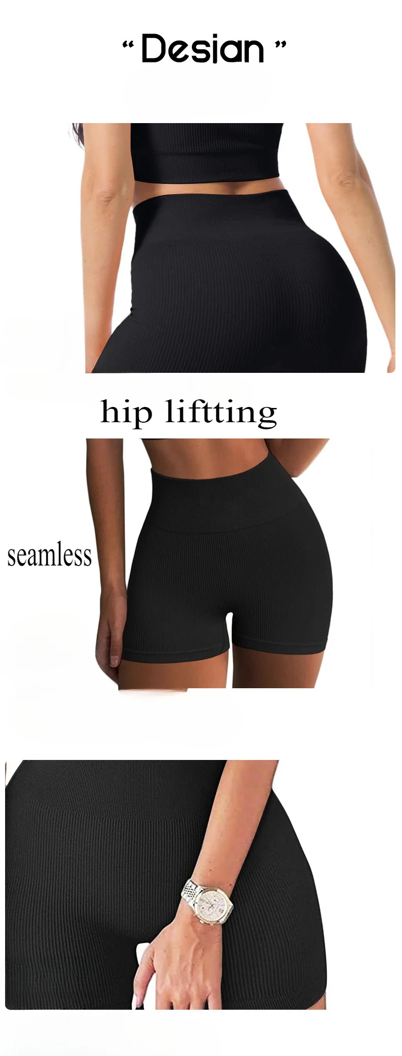 Gerippte Strickshorts für Damen, nahtlose Yoga-Shorts, dehnbare Shorts mit hoher Taille, sexy Hüftheben, Radfahren, Laufen, Dreipunkthose – Detail 5