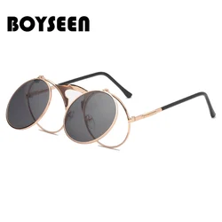 BOYSEEN Steampunk Round Sunglasses Men Metal Vintage Flip Round Women Retro Punk Shades Eyewear Gafas Oculos De Sol UV400