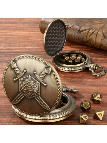 2025 Creative Retro Warrior Sword Pocket Watch Case DND Dice Jewelry for Dungeons & Dragons RPG Dices DND Gaming Theme