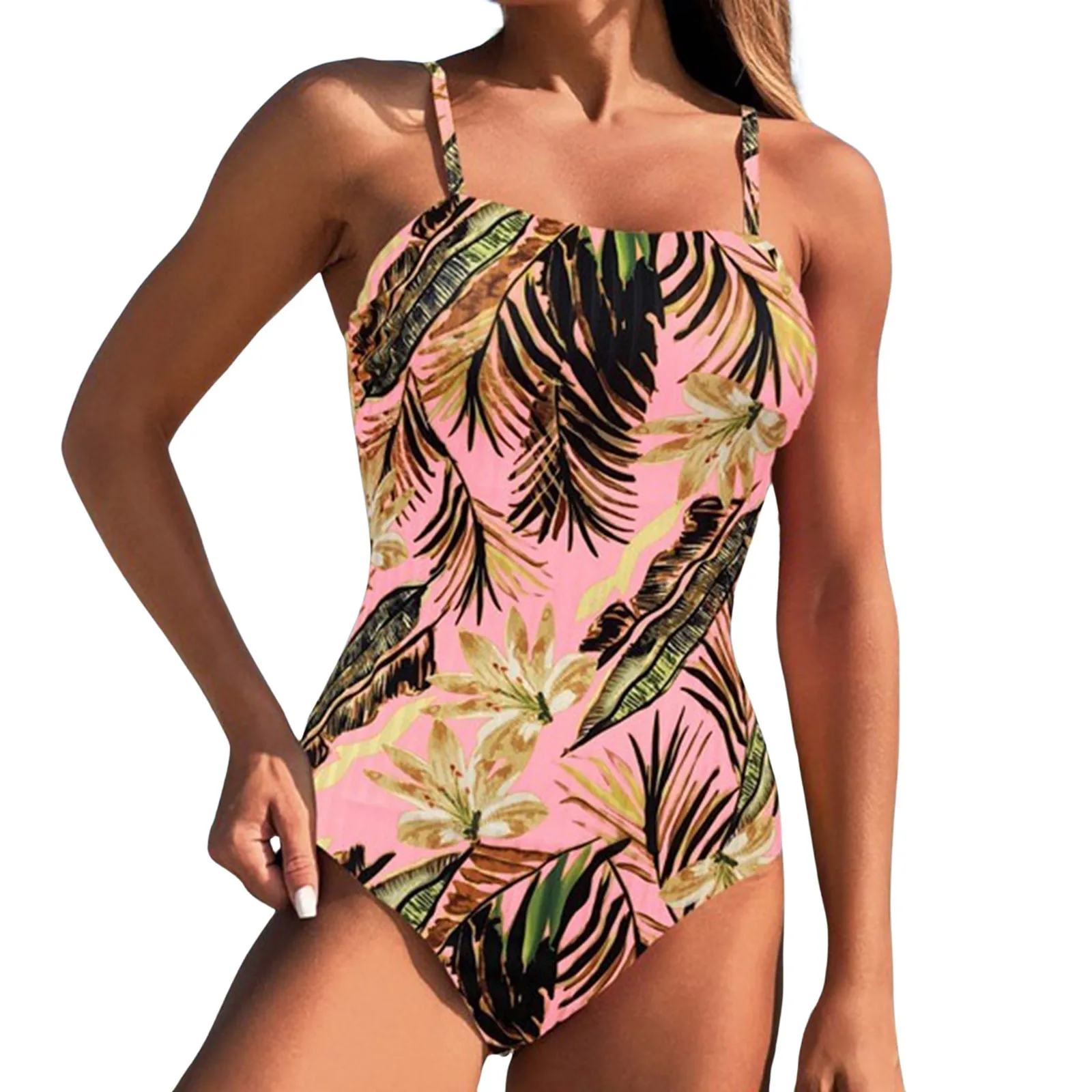 2025 Traje de baño Bandeau de una pieza con estampado de palmera de coco, traje de baño Sexy de cintura alta sin espalda, Bikinis de playa, nuevo traje de baño de verano 2025