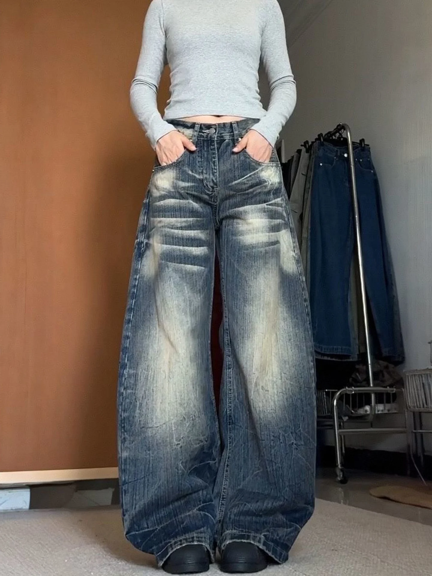 American Style Vintage Washed Faded Knife  Jeans Women's Street Loose Slimming Wide Leg Draping Long Pants