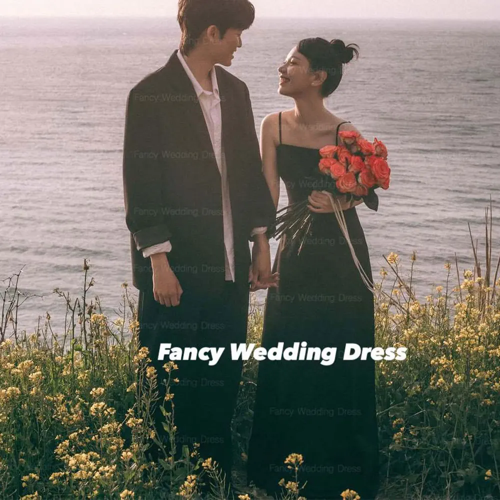 

Fancy Simple Black Spaghetti Straps Wedding Dress Korea Women Photo Shoot A Line Soft Satin Evening Dresses Customized