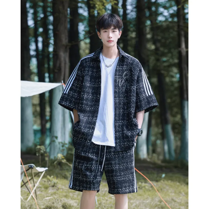 

Fashionable Korean Hong Kong Style Street Trend Short Shirt Set for Men with Printed Weave Belt Cool Handsome College Fashion