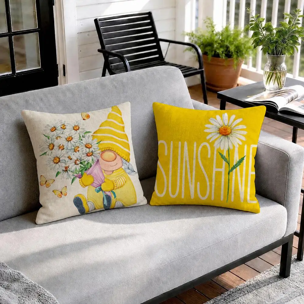 Gnomes Daisies Fall Harvest Cushion Cover Natural Linen Organic Fabric Double-Sided Printing Sofa Home Decor Gift Pillow Cover