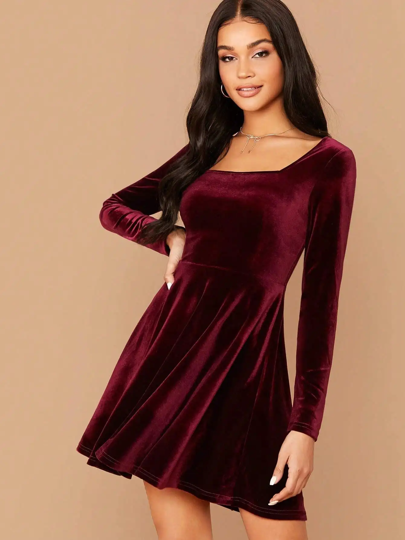

Burgundy Velvet Square Neck Long Sleeve Flared Mini Dress