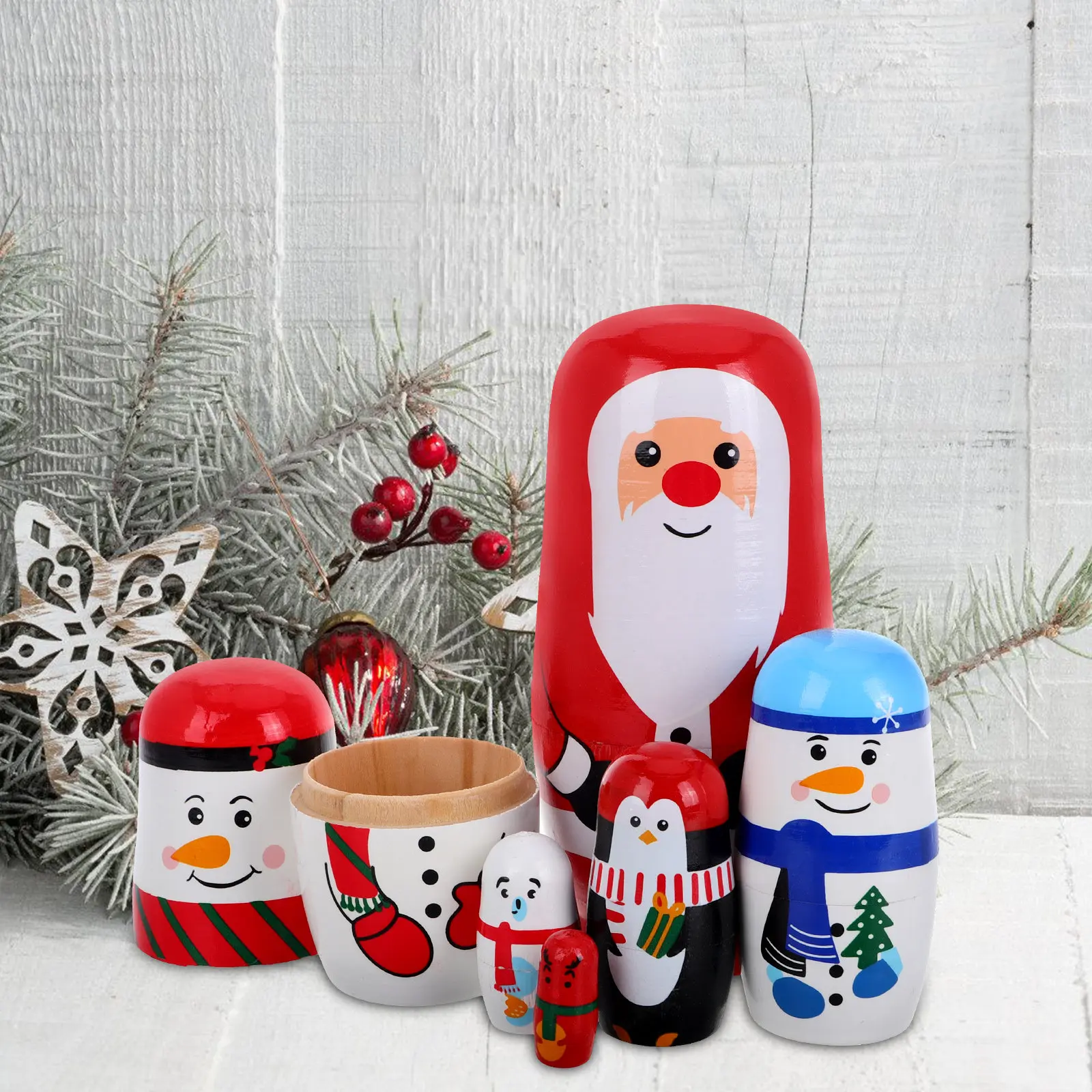 

1Set 6-Layer Wooden Nesting Xmas Edition Fine Workmanship Smooth Finish Stackable Artisan Craft for Shelf Display
