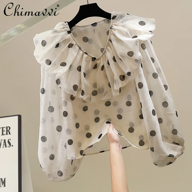 

Fashion Heavy Polka Dot Printing Decorative V-Neck Long Sleeve Shirt Autumn New Temperament Loose Shirt Sweet Girl Ladies Top
