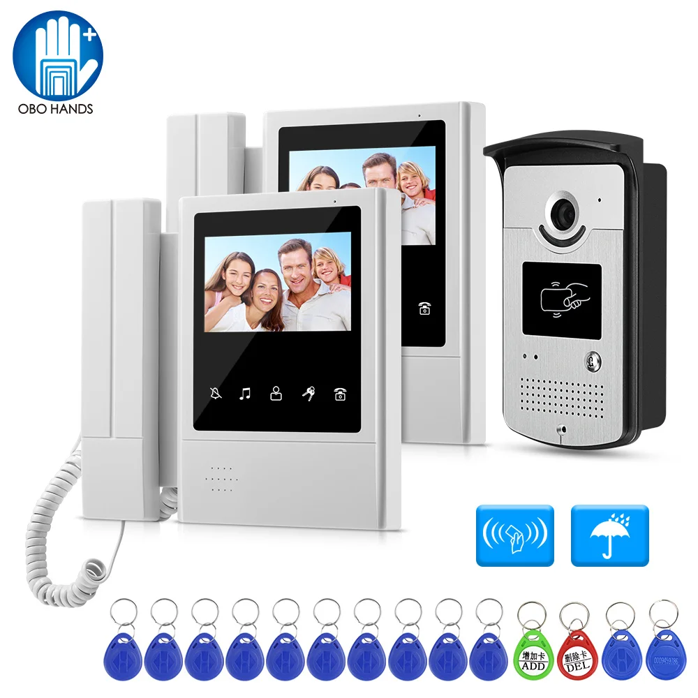 

RFID Video Doorbell Doorphone Home Intercom System 2 Monitors 4.3inch Handheld Color Screen IR Night Vision Camera Card Unlock