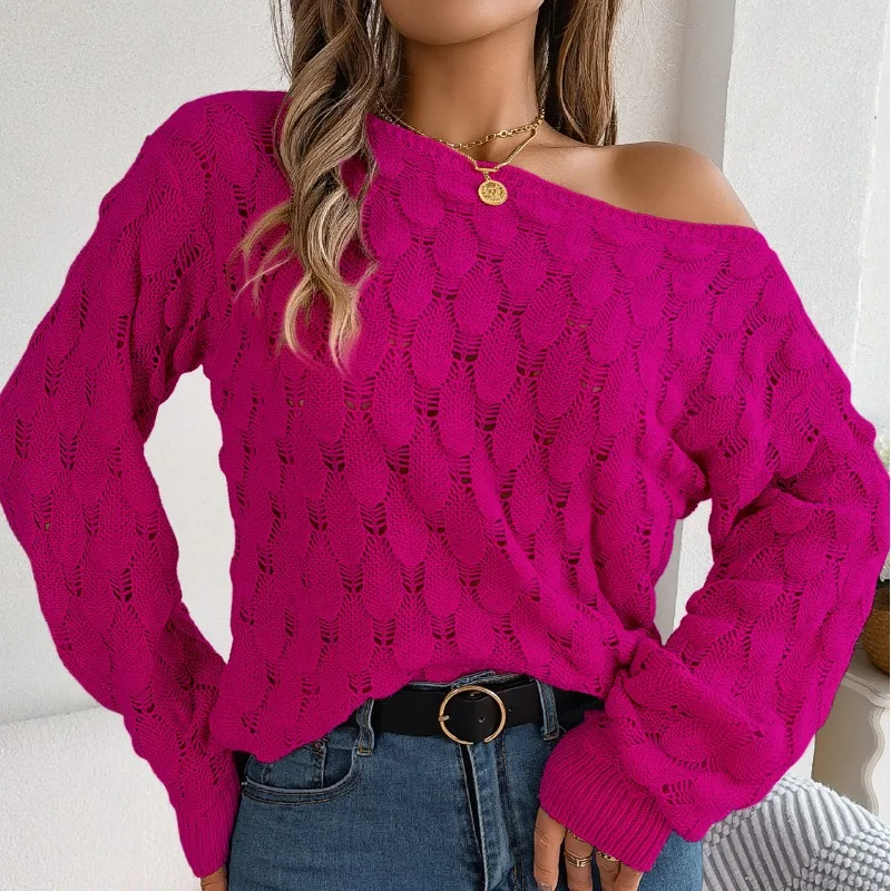 Autumn and Winter Women\'s Pullover One Line Neck Feather Hollow Off Shoulder Lantern Sleeve Sweater Fashion Long Sleeve Tops