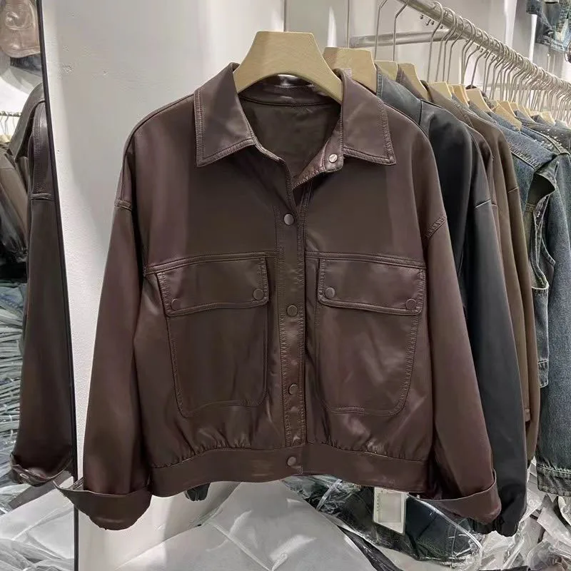 

Женское пальто из искусственной кожи, весенне-осеннее свободное однобортное кожаное пальто с карманами для отдыха и лацканами, простое теплое и удобное пальто