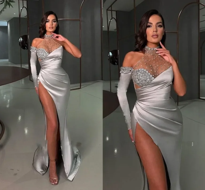 

Fashion sexy high thigh split evening dress new transparent halter high neck crystal beaded mermaid long sleeve formal dress