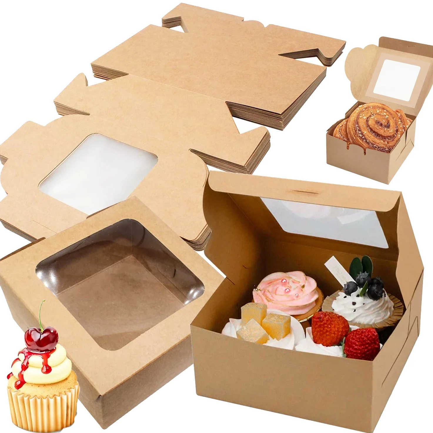 

24pcs Brown Kraft Cupcake Paper Box with Clear Window Cake Pastry Box for Donut Mini Cake Pastry Dessert Tart Biscuits Macaroon