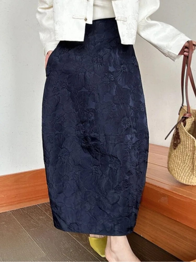 New Chinese Style Embossed Half Skirt Women's Spring Summer High Waist Slimming Midi Bloom Skirt Retro Commute Style Pure Color