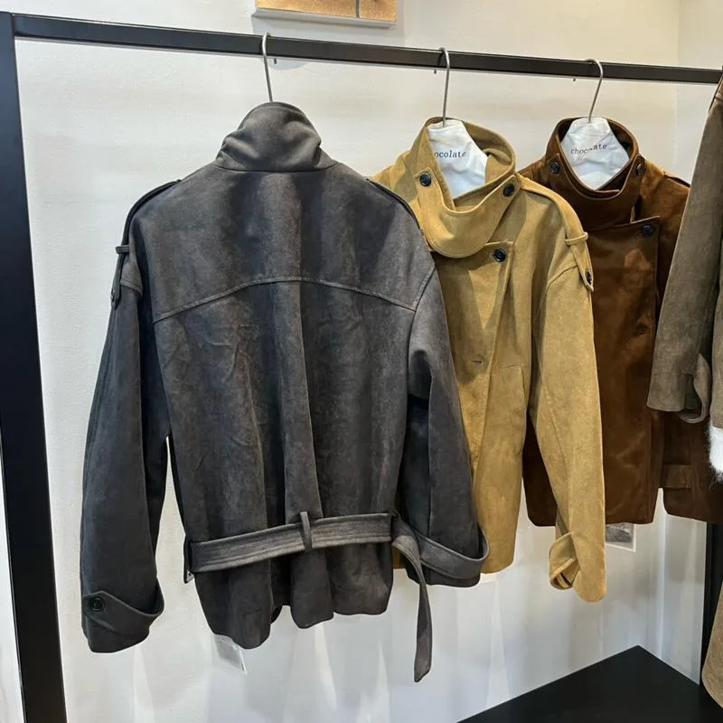 سترة نسائية كلاسيكية من جلد الغزال من KWTX بطية صدر مزدوجة مع حزام كاجوال ممتاز مريح وصل حديثًا لخريف وشتاء 2025