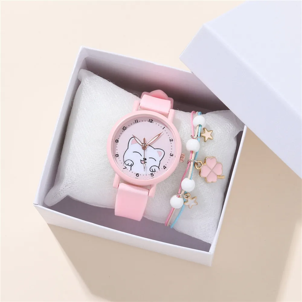 2pcs/set Fashion Simple Silicone Band Cat Style Quartz Boys Girls Students Watch