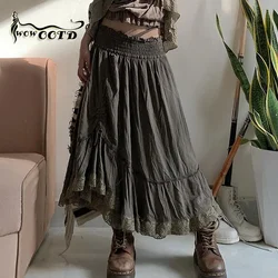 WOWOOTD  Fairy Lace Splice Shirring Midi Skirts Retro Y2k Grunge Ruffles Asymmetric Bottoms Goblincore Streetwear Long