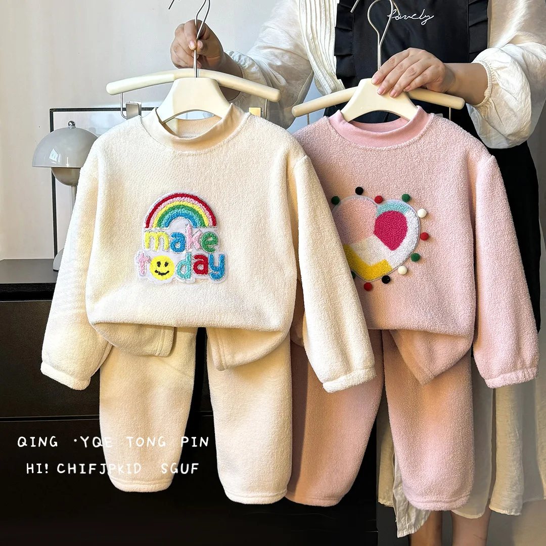 Children's Warm Set Autumn/Winter Girls Soft Home Clothes Outdoor Wear Thick Two Piece Set Dinosaur Bear Cartoon Pattern Pajamas