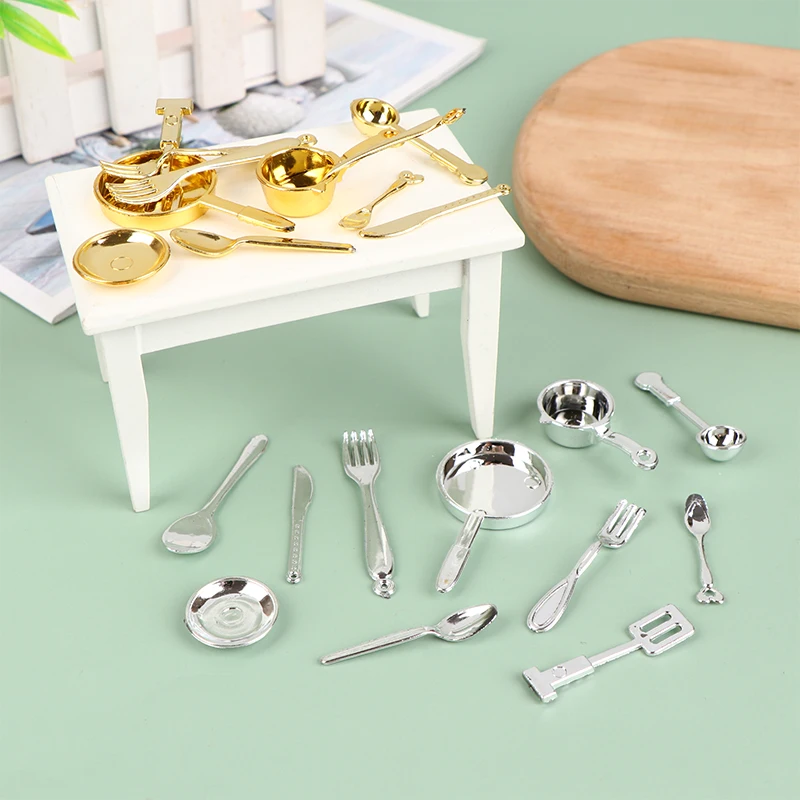 11Pcs/set Dollhouse Miniature Spoon Fork Pot Model Mini Cookware Utensils Dolls Kitchen Decor Accessories Toy Gift For Children