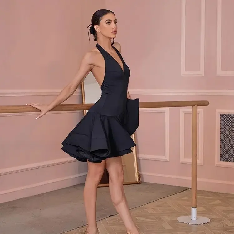 Erwachsenes lateinamerikanisches Tanzkleid für Damen, schwarz, rückenfrei, ärmellos, weiblich, Samba, Rumba, Cha-Cha, Training, Wettbewerbskleidung, 2025, Neu