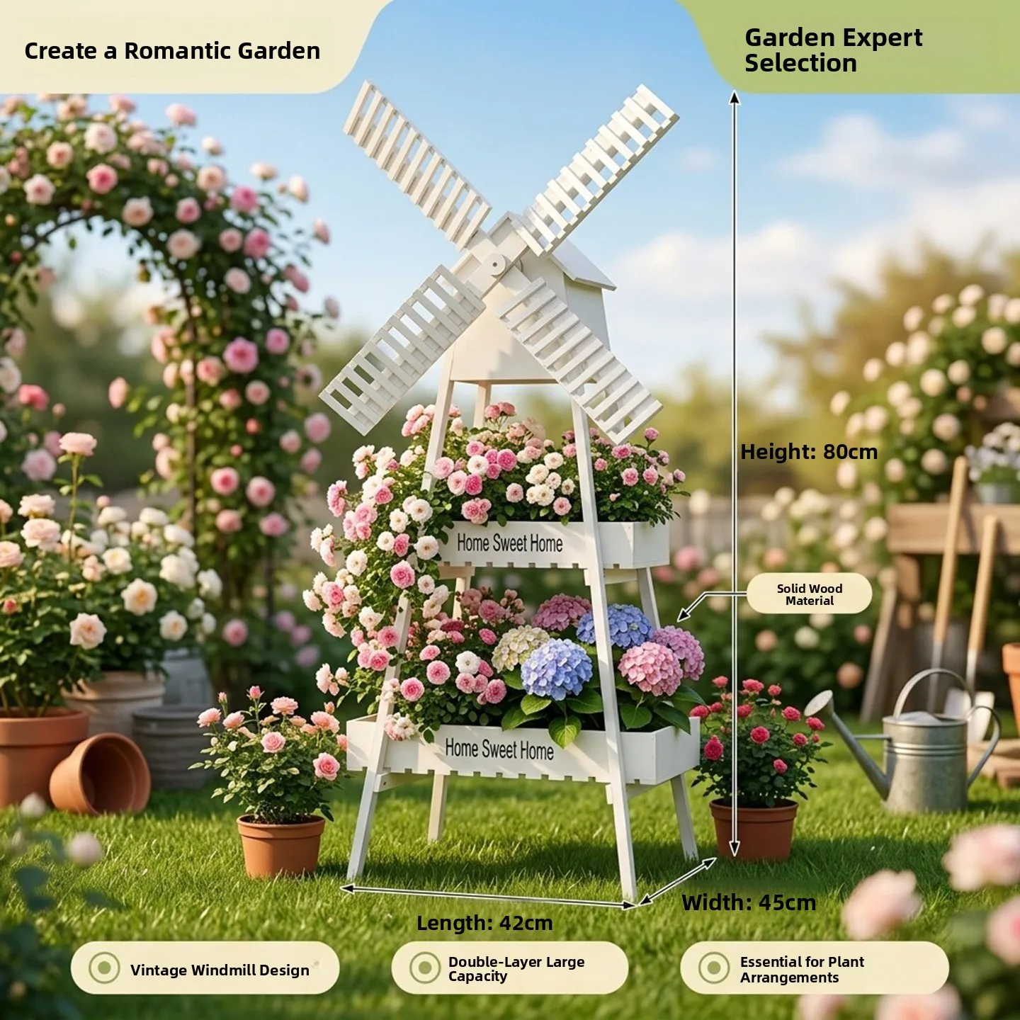 Large Outdoor Windmill Flower Stand Succulent Rose Ivy Villa Courtyard Garden Lawn Decorative Wooden Plant Holder Stand