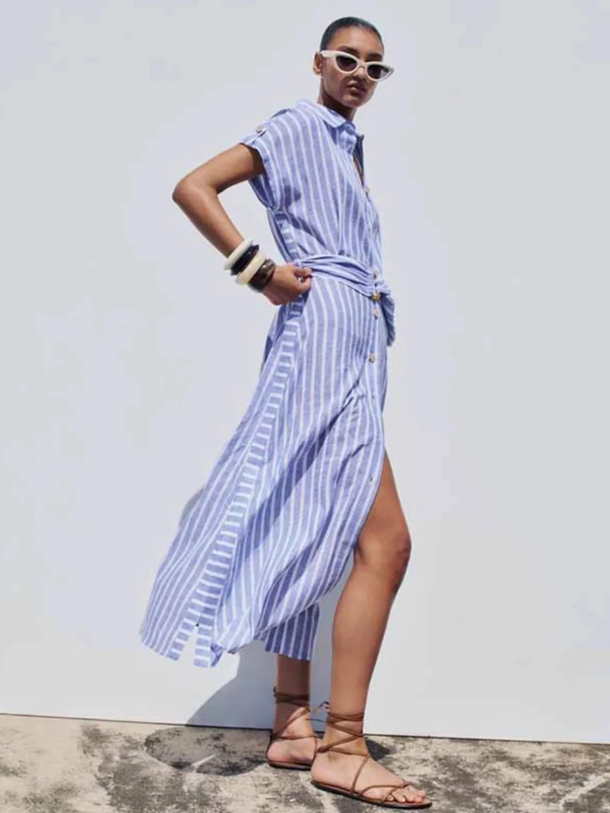 Robe rayée en mélange de lin, nouveau Style d'été pour femmes, Style chemise à revers, robe décontractée à manches courtes avec ceinture