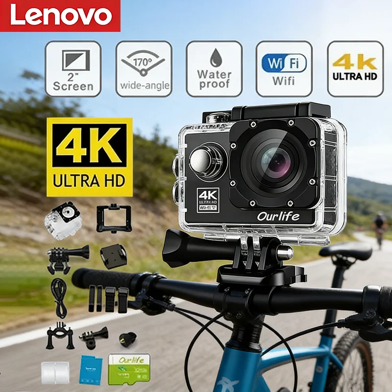

Экшн-камера Lenovo для активного отдыха и катания на лыжах, 4K WiFi, запись видео 4K/30FPS, 2.0"170D, подводная, водонепроницаемая, спортивная камера для шлема, 2026