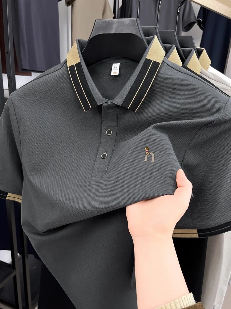 أزياء فاخرة للرجال قميص بولو مريح قصير الأكمام الصيف العلامة التجارية العصرية الكلب الصغير التطريز الكورية عارضة التلبيب تي شيرت #4