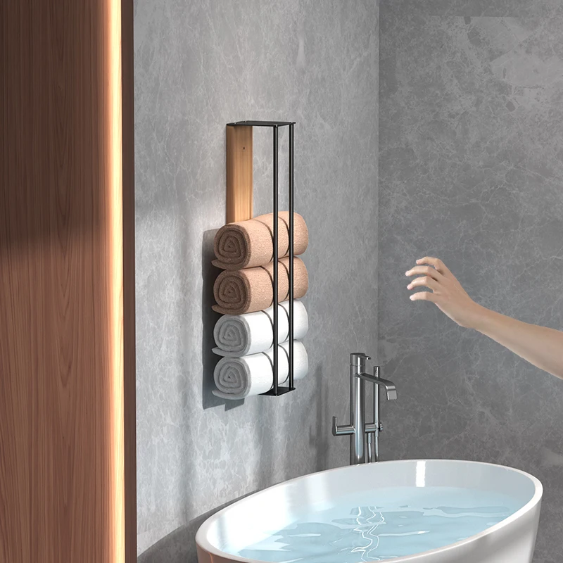 2pcs Towel storage rack, wooden board wall mountedmetal bathroom towel rack, bathroom towel rack