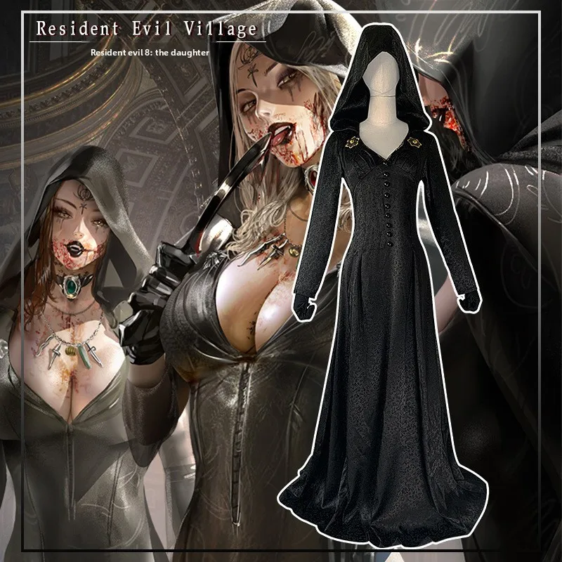Resident Evil 8 Moth Girl Cos Costume jeu Cosplay robe longue robe longue noire Vampire fille Halloween Costume