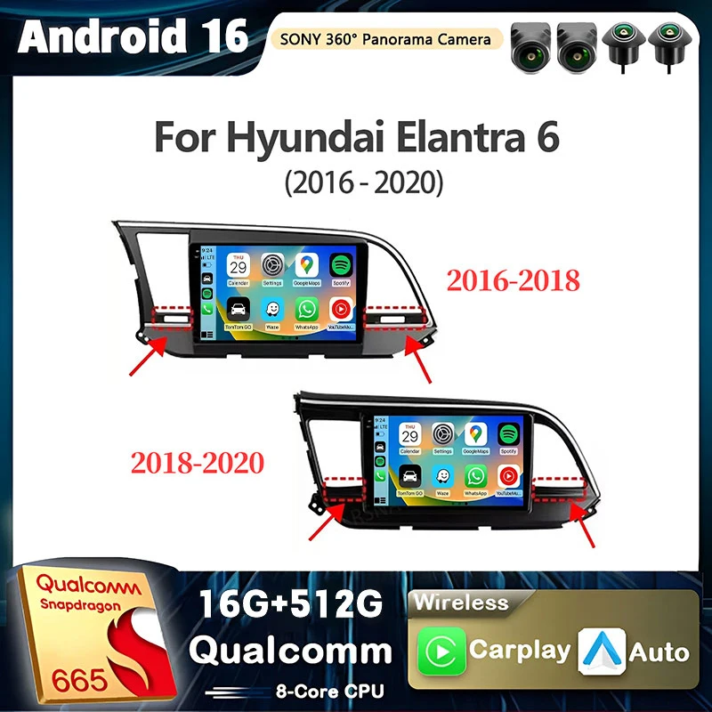 Android 16 Carplay Auto For Hyundai Elantra 6 2016 - 2020 Car Radio 2Din Player Multimedia Stereo Navigation Video Head Unit GPS