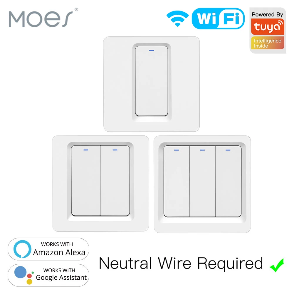 MOES WiFi Push Button Switch Neutral 2MQTT Tuya Smart life APP light Control Alexa Google voice 2/3 Way Switches 1/2/3 gang