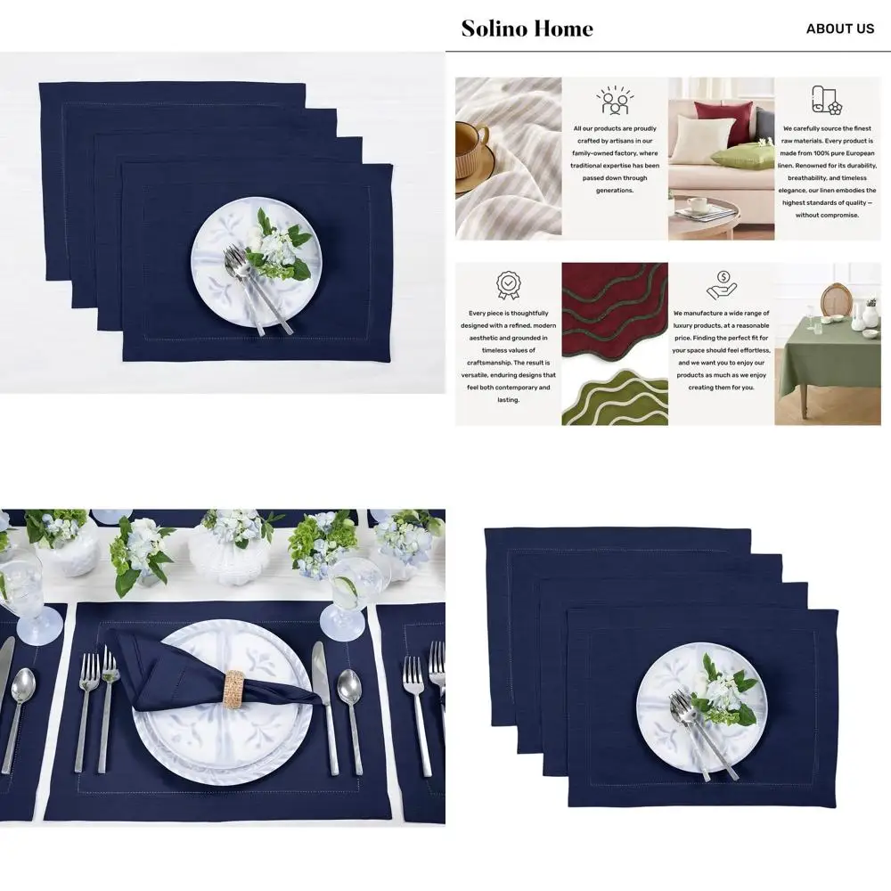 

Набор из 4 льняных салфеток темно-синего цвета с полушивкой — коврики из чистого льна размером 14x19 дюймов для праздничных мероприятий